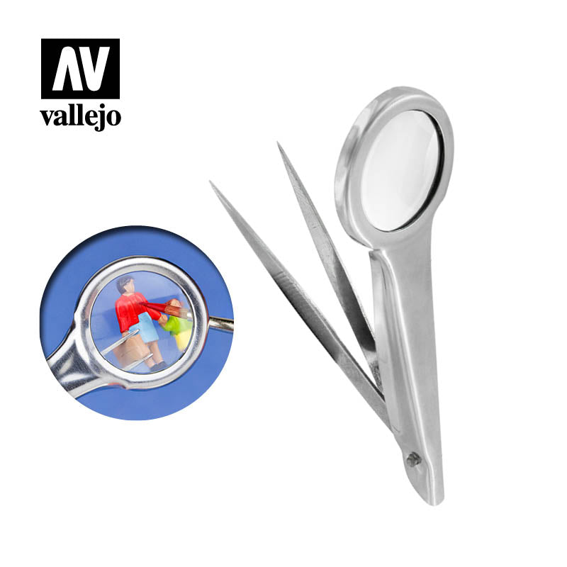Vallejo T12001 - Pinzette di precisione con lente d'ingrandimento 1,75x