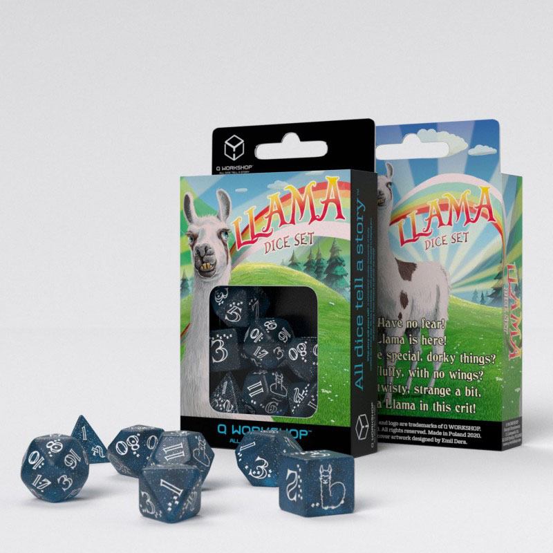 [PREORDER] Shimmering Llama Dice Set Glittering dark Blue & White (7)